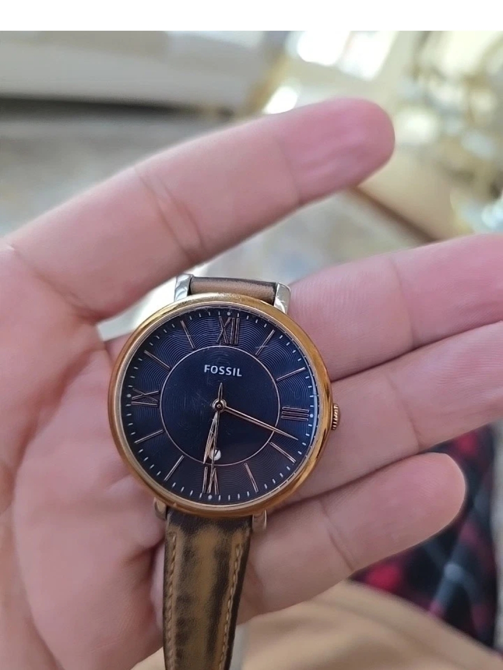 Fossil Navy Dial Rose Gold Case Leather Strap Watch